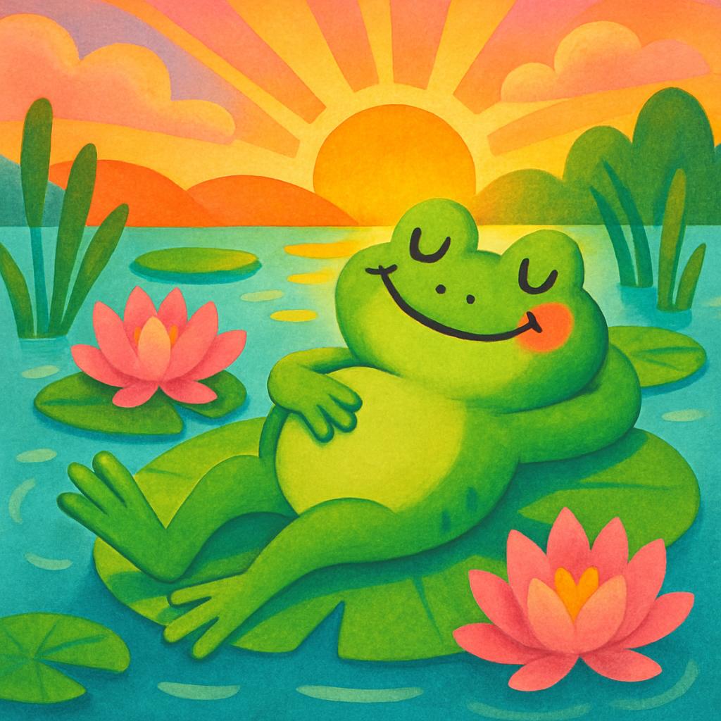 A cartoon illustration of a frog sitting on a lily pad, serenely observing two pink lily flowers surrounded by turtles, am...